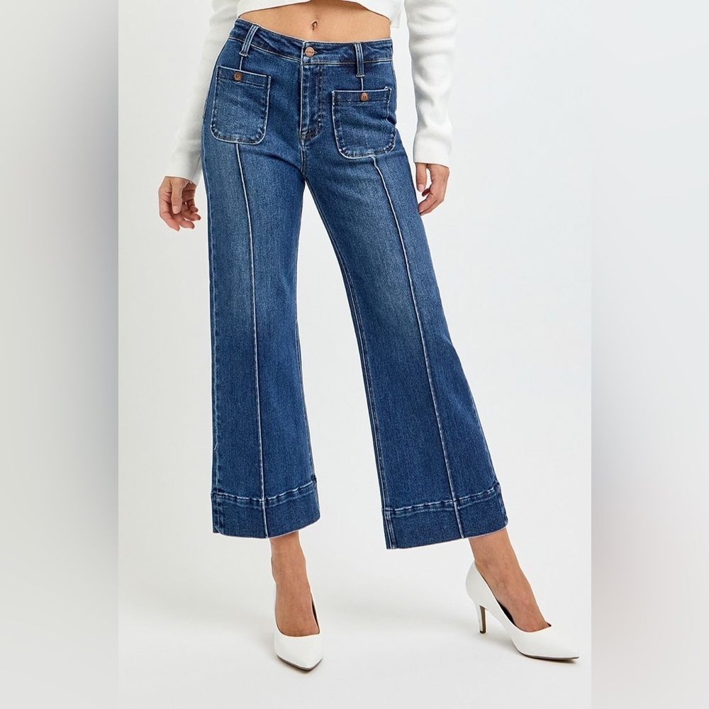Pintuck Square Patch Pocket Wide Leg Cropped Jeans - Risen
